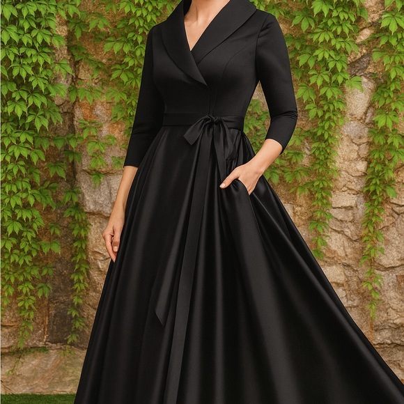 NWT JJ'S HOUSE Black Satin A-Line V-Neck Mother of Bride Gown, 26W - Picture 1 of 14